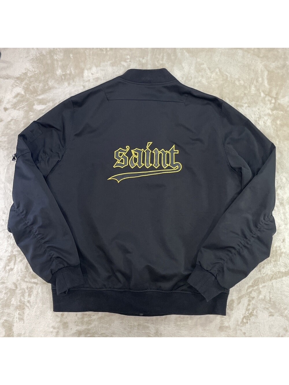 Saint Morta Full-Zip & Snap Black Bomber Jacket Gothic Logo Mens Size L *FLAW*
